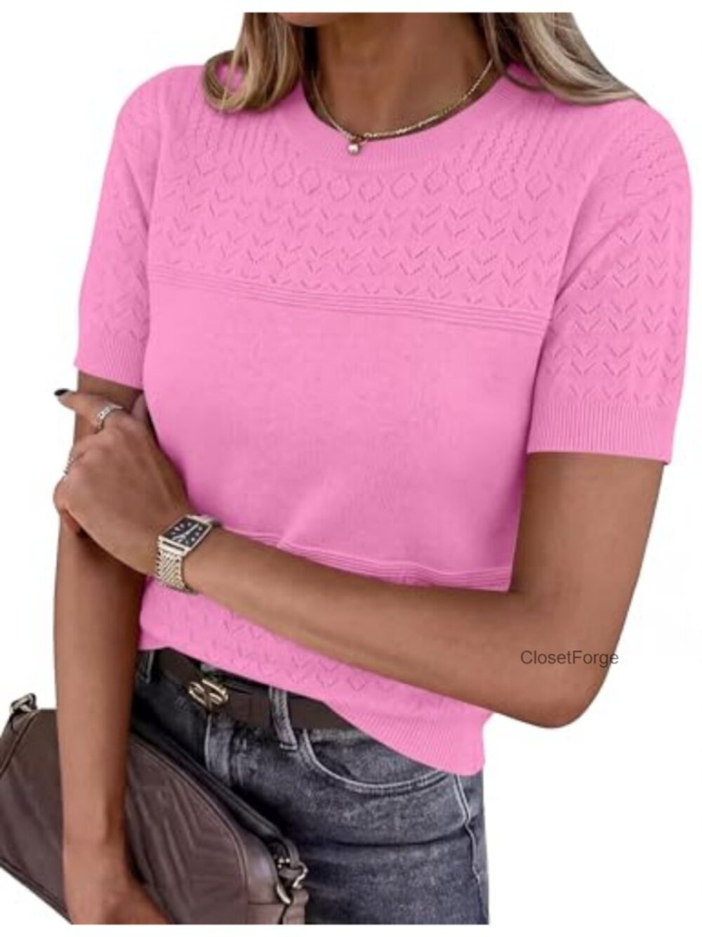Short Sleeve Knit Sweater for Women Summer Crew Neck Casual Loose Fit Office